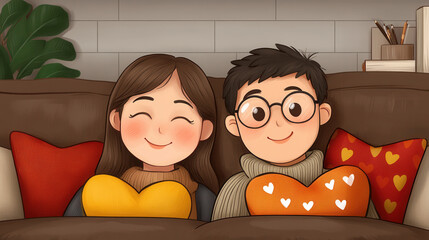 Cozy couple celebrating Valentine Day with heart shaped pillows, smiling happily together on couch. warm and loving atmosphere surrounds them