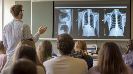 Medical professional delivering a lecture on radiology to a group of attentive students in a modern classroom setting with projected X-ray images.