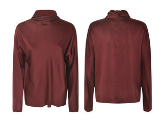 Blank women's sweatshirt mock up template, stylish long sleeved sweater mockup. front and back view, isolated on white background. Blank sweater maroon color