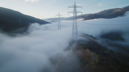 Towering power lines emerging through dense mountain fog in a rural area