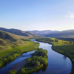 Serene River Meandering Through Lush Green Landscape with Rolling Hills and Clear Blue Sky in a Peaceful Natural Setting