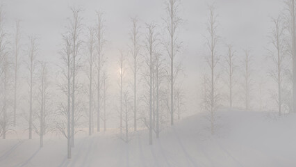 Sunrise over a autumn forest in a snowy winter (3D Rendering)