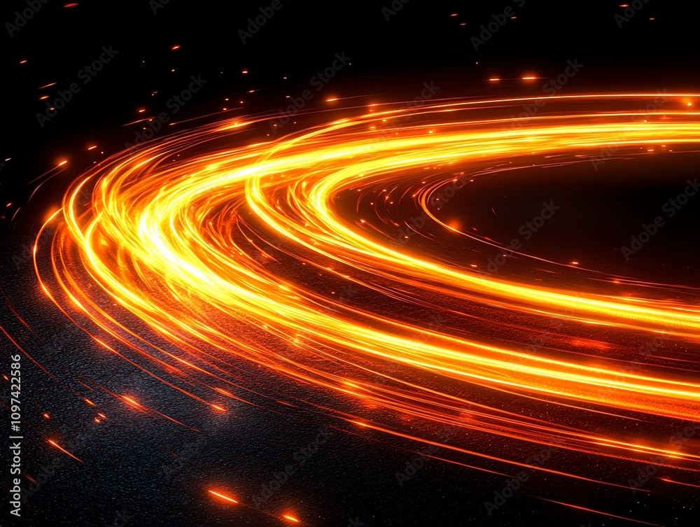 Poster a dynamic swirl of orange light resembling energy or motion against a dark background.