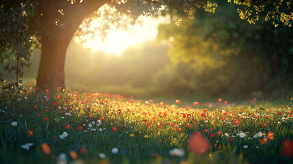 Fototapeta premium Blossoming meadow under sunlight with vibrant flowers and greenery