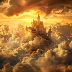 Captivating Fantasy Castle Surrounded by Dramatic Clouds at Sunset, Evoking a Sense of Magic and Wonder in an Enchanted Landscape