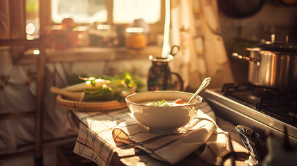 Cozy Kitchen Scene with Fresh Ingredients and a Bowl of Soup Highlighting Warm Natural Light and Inviting Atmosphere