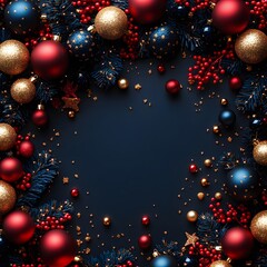 Christmas ornaments frame on dark background.