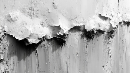 Peeling paint on textured wall creates striking monochrome effect, showcasing layers of white and gray. contrast highlights decay and age of surface