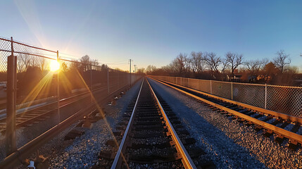 Fototapeta premium Serene Sunrise Over Railway Tracks with Fencing and Bare Trees Under Clear Sky, Capturing the Tranquility of Early Morning in a Scenic Landscape