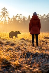 Woman Observing Bear in a Serene Sunset Landscape