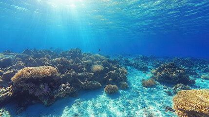 Naklejka premium Beneath surface, vibrant coral reefs thrive in deep blue sea, showcasing stunning underwater landscape filled with life and color