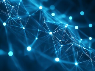 Futuristic low-poly geometric abstract design with blue wireframe and glowing orange network connections