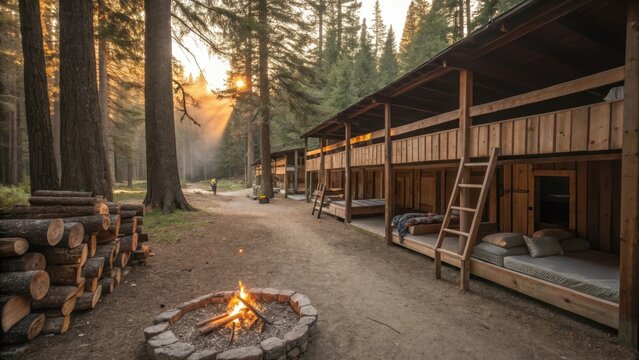Rustic cabin bunkhouse with wooden walls in serene forest setting