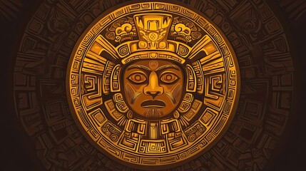 A Circular Aztec-Style Icon with a Human Face