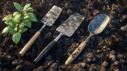 Gardening Tools and Young Plant in Soil, Set of gardening tools placed on freshly tilled soil beside a young green plant, showcasing outdoor planting and cultivation.

