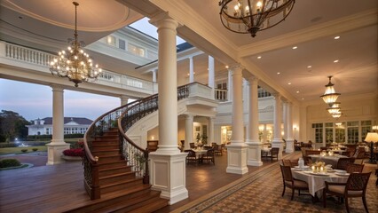 Fototapeta premium Classic Colonial Hotel Interior with Grand Staircase and Chandeliers