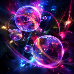 Colorful Abstract Background of Floating Bubbles and Cosmic Light Trails in a Spectacular Display of Digital Artistry and Striking Vibrancy