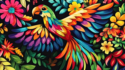 Obraz premium A Vibrant Parrot Soaring Through a Colorful Floral Pattern
