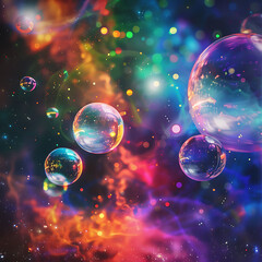 Abstract cosmic scene featuring vibrant colorful bubbles floating through a starry universe filled with ethereal light and swirling nebula backgrounds