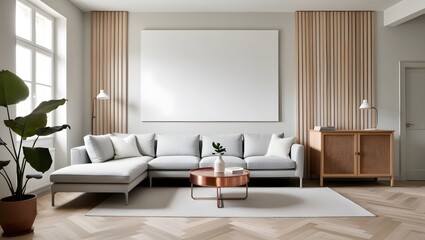 Modern Living Room with Minimalist Design Featuring Neutral Tones, blank canvas on the wall, Cozy Furniture, and Elegant Decorative Elements
