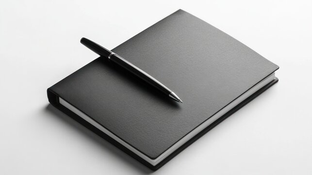 A sleek black notebook with a pen resting on top, ready for notes.