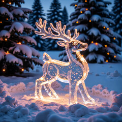 Obraz premium Glowing reindeer sculpture in a winter wonderland with snow and trees, photography of christmas concept.