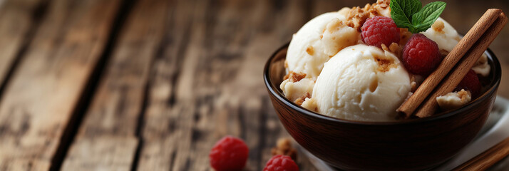 A delightful bowl of vanilla ice cream garnished with fresh raspberries and a cinnamon stick, representing a perfect blend of creamy and fruity flavors.