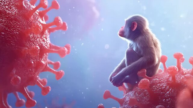 Sick monkey and orthopoxvirus MPOX cells. Transmission monkeypox virus viral of animals to humans. Pox viral infection. Smallpox vaccine, control spread of disease. Science and medical concept