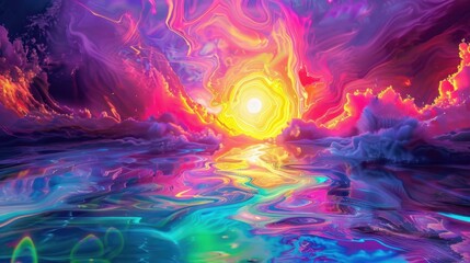 A kaleidoscope of neon colors dance across the sky as if the sun is melting into a pool of electric purples pinks and blues.