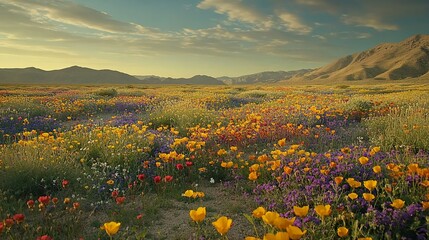 Fototapeta premium Vibrant wildflowers bloom across a vast desert landscape at sunset.