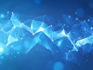 Futuristic low-poly geometric abstract design with blue wireframe and glowing orange network connections