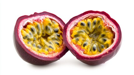 A juicy slice of passion fruit with its vibrant yellow seeds and dark purple skin, Each slice’s rich color and subtle imperfections captured with precision
