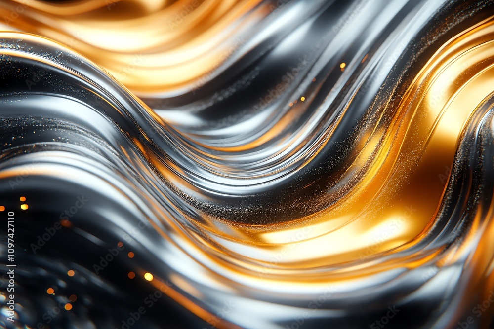 Poster Abstract waves of metallic textures in gold and silver, creating a dynamic visual flow.