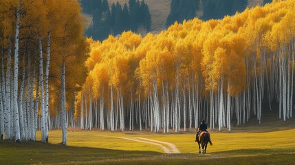 Rider on Horseback in a Scenic Birch Forest During Autumn