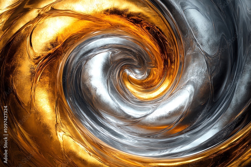 Poster A swirling pattern of gold and silver tones, creating a dynamic and abstract visual effect.