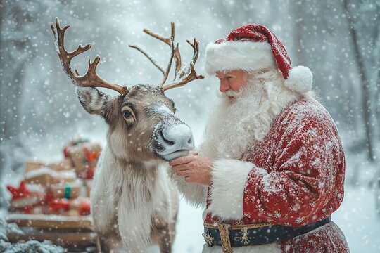 Santa Claus standing with his reindeer