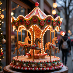 A festive gingerbread carousel brightly lit for the holiday season, photography of still life concept.