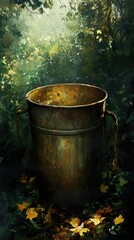 Fototapeta premium Enchanted Forest: An Old Wooden Bucket in the Autumn Woods