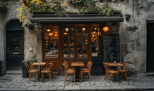 Charming cafe exterior with outdoor seating. - Powered by Adobe