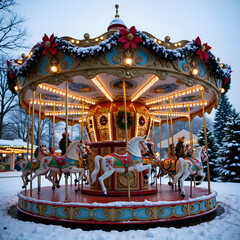 Fototapeta premium Enchanting carousel surrounded by snowy trees and holiday decor in a winter wonderland, photography of scenic concept.