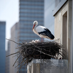 Fototapeta premium White storks with young baby stork on the nest Generative AI
