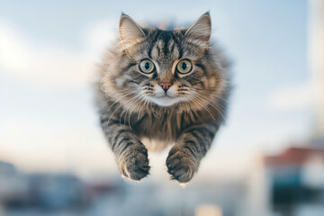 Naklejka premium Close-up of a fluffy cat in mid-jump, eyes wide with surprise, paws reaching forward, fast shutter speed to capture motion sharply, against blurry background of street view. 