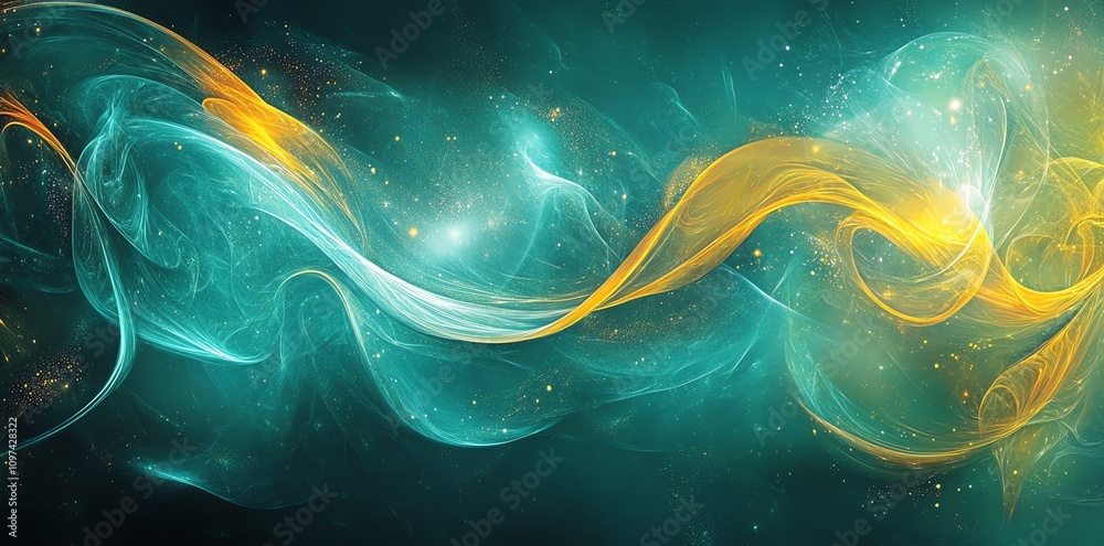 Poster abstract swirling patterns in teal and gold, evoking a sense of movement and energy.