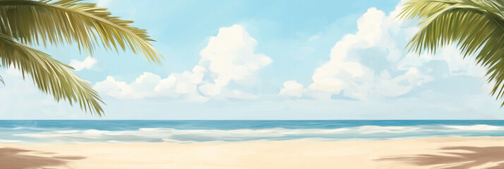 Fototapeta premium A picturesque tropical beach view featuring gently swaying palm trees framed by clear skies and a serene ocean, creating a perfect paradise escape atmosphere.