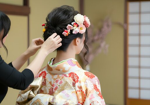 着物、振袖、髪飾り、着付け｜Furisode (kimono) woman getting ready
