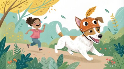Obraz premium A friendly dog wearing a whimsical fox mask playfully darts through the colorful foliage chasing after giggling children.