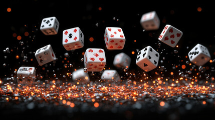 Falling dice and playing cards create dynamic scene of chance and excitement. vibrant colors and motion evoke thrilling atmosphere of casino game