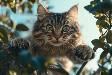 A beautiful cat perched on the branch of a tree, its focused eyes and paws visible as it gazes down at the camera with playful curiosity, , low angle shot from below looking up to show his whole body.