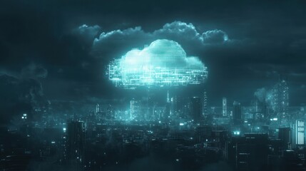 Obraz premium Futuristic cityscape with a digital cloud hovering above.