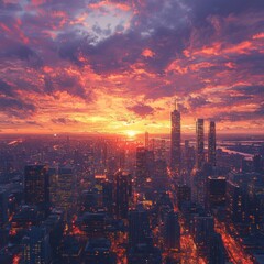 Fototapeta premium Fiery Sunset Over Illuminated City Skyline at Dusk